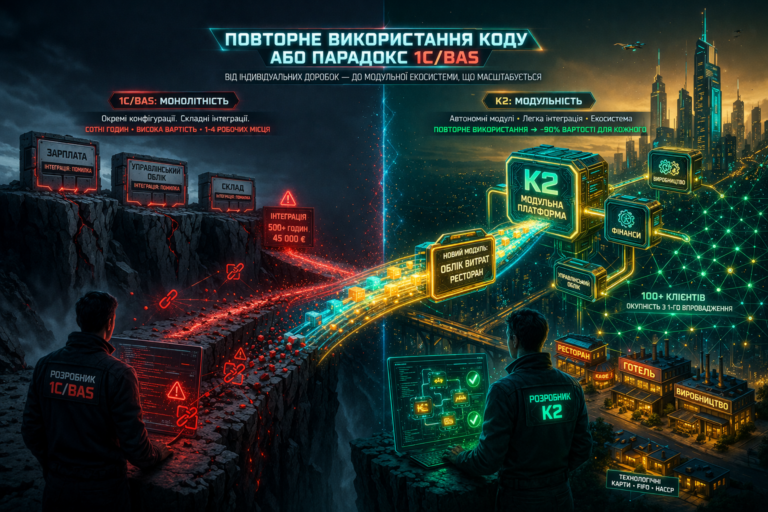 Повторне використання коду, або парадокс 1С/BAS: повний гід по K2 ERP для вашого бізнесу